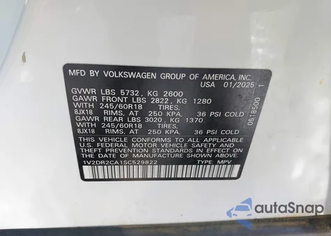 2025 Volkswagen Atlas 2.0T Se z USA, uszkodzony, nr VIN 1V2DR2CA1SC529822